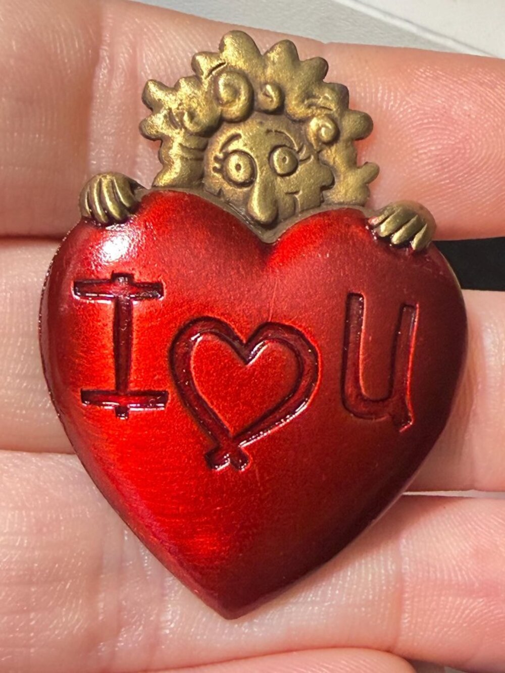 I Love U Heart Brooch Vintage JJ Red Enamel Valentine Pin 1.75 inches